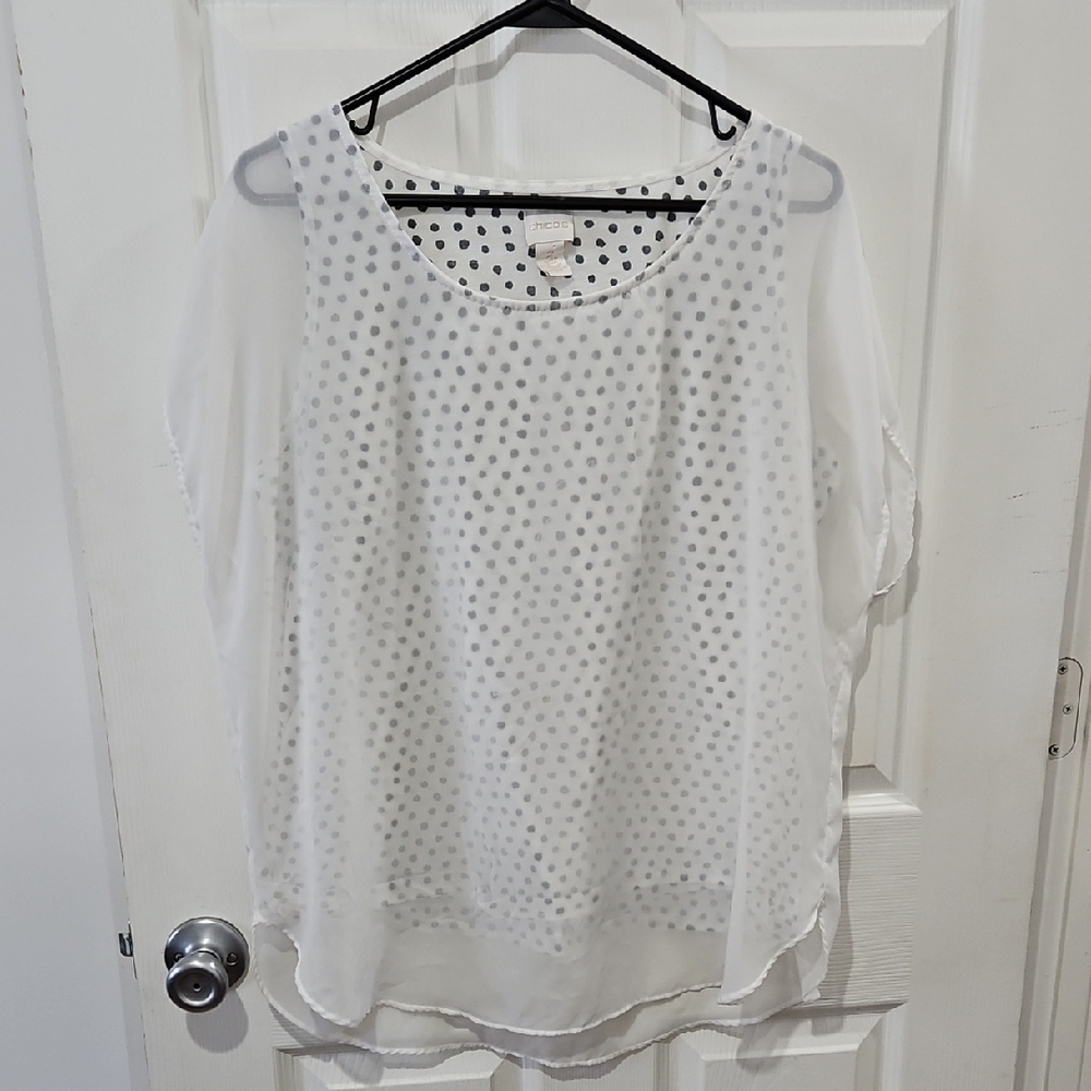 Chico's Sheer White Polka Dot‎ Blouse Size 2
